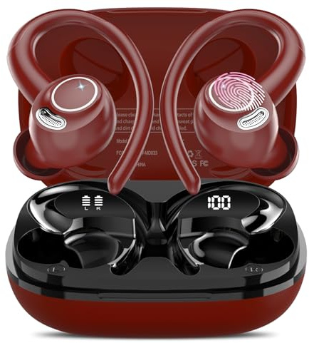 Jesebang Auriculares Inalámbricos Deportivos, Auriculares Bluetooth 5.3 con HD Micrófono, Sonido Premium, 40H de Reproducción, Pantalla LED, Cómodos de Llevar, Cascos Inalambricos con Gancho, Rojo