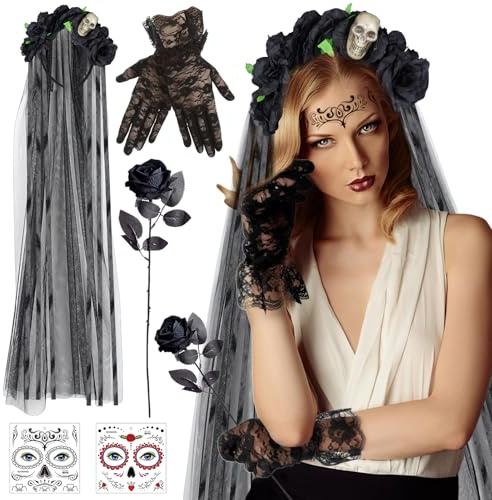 Hendpock Tag der Toten Haarreif,Halloween Kostüm Damen Dia De Los Muertos Haarreif Spitzenhandschuhe Schwarz Halloween Tattoo Gesicht Künstliche Blumen Rose für Halloween Karneval Gothic-Cosplay