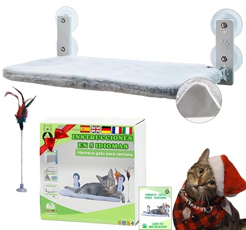 BECISPER - Katzen Hängematte für Fenster, Hängematte für Wand, Katzenbett für Fenster, Hangematte mit Saugnapf, Katzen ohne Kabel, mit Spielzeug inklusive.