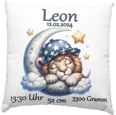 Baby Geschenk Kissen mit Namen und Geburtsdaten - Geburt Junge oder Mädchen Geburtsgeschenk Babykissen -personalisierte Babygeschenke -taufgeschenk von Taufpaten - neugeborenen Löwe auf Mond