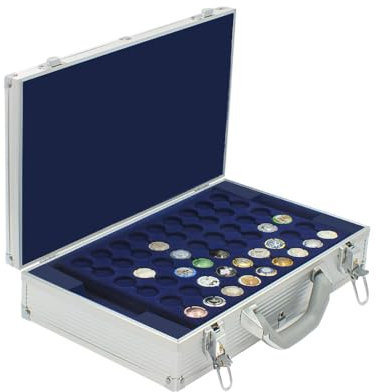 SAFE Nr 11271 Champagnerdeckel Kronkorken Sammelkoffer mit mehrfarbiger 3D Metallplakette I 4 königsblaue Tableaus für 216 Champagnerdeckel oder Kronkorken I Ca. 410 x 230 x 85 mm