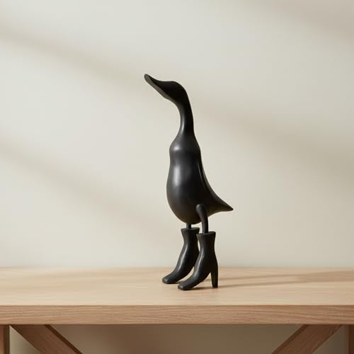Bamboo Duck Figurine Sculpture – Playful Decorative Statue for Boho Room Decor – Shelf, Tabletop, Or Entryway Display – Whimsical Rainboots Design Accent, Home Decor – 20, Black Finish