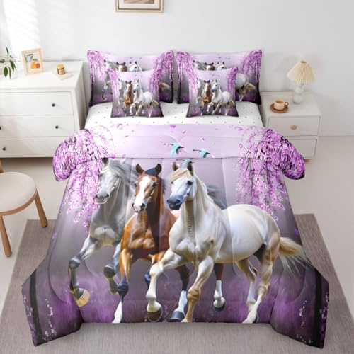 Horse Full Size Bed in a Bag for Girls Boys Cherry Blossom Branches Steed Lavender Purple Kids Comforter Set with Sheets Women Teens Galloping Horse 7 Piece Bedding Set Wild Animal Decor Bed Set