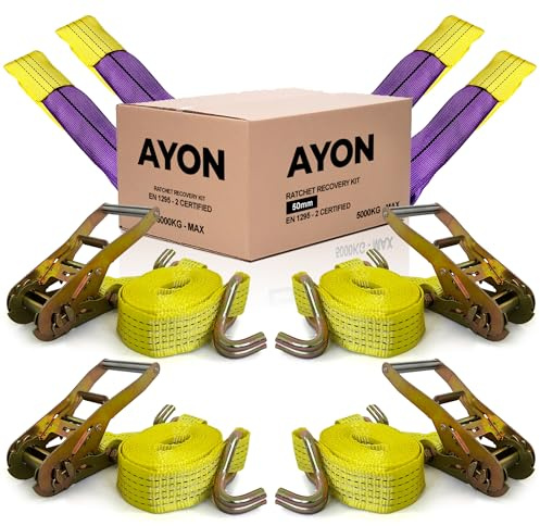 AYON® 5000kg Car Recovery Straps – Heavy Duty Tie Down Kit for Vehicle Transport, Trailers & Towing | 4x Yellow Wheel Straps with Ratchets & Alloy Links