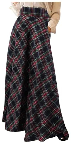 Damen High Waist Maxirock Taschen Langer A-Linie Rock Winter Midi Lang Röck Faltenrock Elegant Frauen Skirt Plaid Warm Maxi Winterrock Karierter Röck Elastische Taille Vintage Party (Black, XXXXXL)