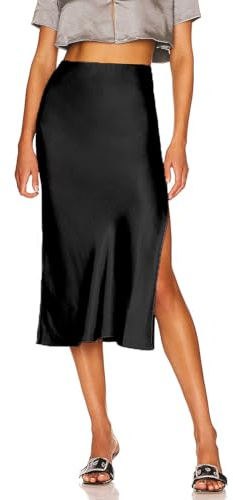 MSINMINW Satin Rock Damen Midi Rock Hohe Taille Schlitz Midi Damen Elegant Elastischer Bund Party A-Linie Röcke