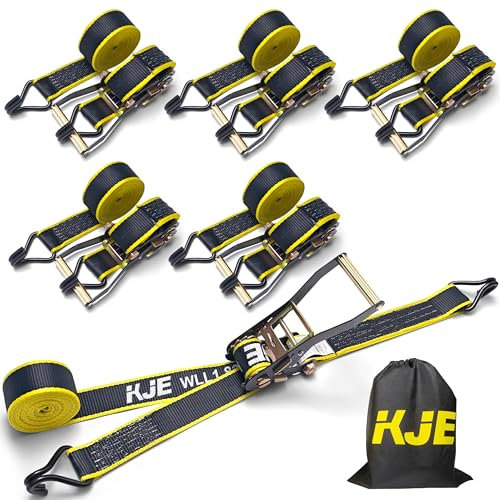 KJE Ratchet Straps Heavy Duty(6 Pack), 2 x 15' Black Ratchet Strap 5,500 Lbs Max Break Strength, Tie Down Ratcheting with J-Hook, Cargo Straps for Truck, Trailer, Moving Appliances