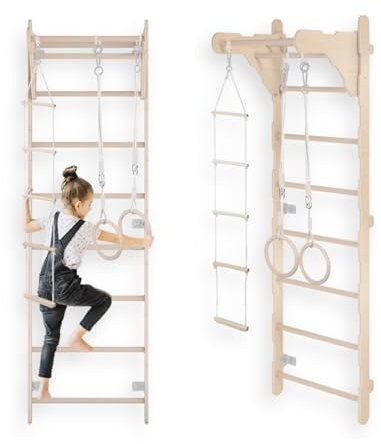 Espalier de Gymnastique pour Enfants (210 cm) | Échelle d'entraînement Murale | Échelle de Corde pour Enfants | Aire de Jeu en Bois pour la Maison | Anneaux de Gymnastique | 100% écologique |