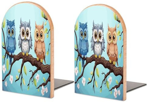 Buchstützen aus Holz, personalisierbar, Metallsockel, Eulen auf einem Ast, bedruckt, moderne robuste Buchstützen für Zuhause oder Büro, 1 Paar