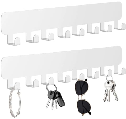 2 Stück Schlüsselbrett Ohne Bohren mit 8 Haken, Schlüsselhalter Wand, Schlüsselbrett Selbstklebend, Schlüsselleiste Klebend, Schlüsselhaken Organizer, Key Holder für Flur Küche Eingang Wandhaken(Weiß)