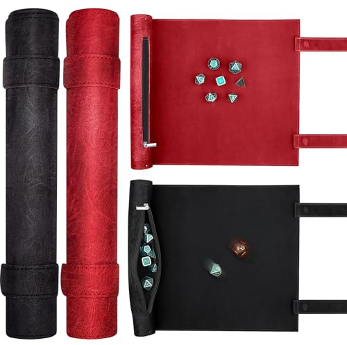 SIQUK 2 Stücke Würfelmatte im Schriftrollen Stil Würfelmatte Rollentablett Würfelschale zum Rollen Würfeltablett & Würfelsack mit Würfel Aufbewahrung Würfelteller für DND RPG (Rot, Schwarz)