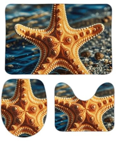 3 Piece Bath Mat Set Beautiful Starfish U Shape Wc Toilet Rug Warmer Machine Washable Contour Rug Set, For Floor Tub, Bedroom, Outdoor