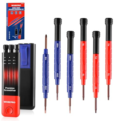 WORKPRO 6-delad precisionsskruvmejselsats, 12 storlekar dubbla ändade små skruvmejslar med stjärnknappar, slitsade, pentalobe och torx-spetsar, mini-skruvmejsel för glasögon, klockor, datorer och