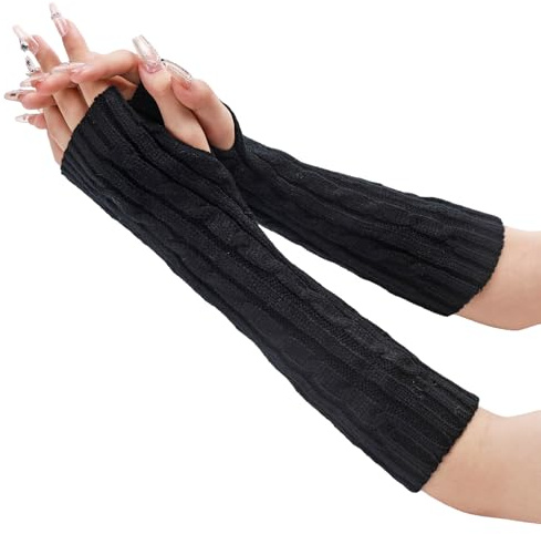 Tongcloud Arm Warmers Long Fingerless Gloves Knit Wrist Warmers with Thumb Hole Open Finger Arm Socks for Women Adult(Black, 11.8inches)