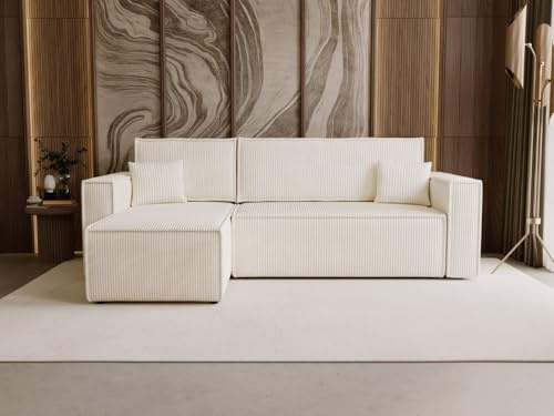 GRAINGOLD Prato L Ecksofa mit Schlaffunktion & Bettkasten 253x145 cm, L-Form Sofa mit Stauraum, Schlafcouch für Wohnzimmer, Cord Stoff, 3-Sitzer Eckcouch, Modernes Design (Beige)