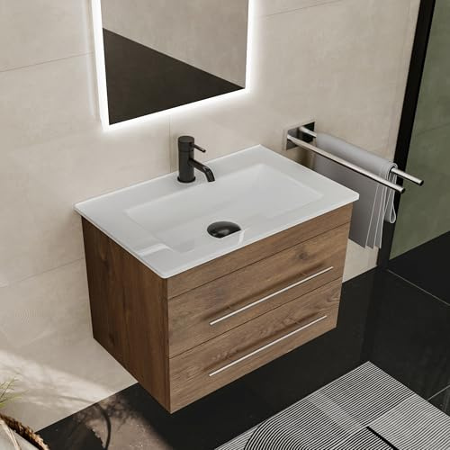 Alpenberger Badmöbel Set mit Waschbecken | Badschrank mit 2 Schubladen | Hängeschrank Bad | Waschtisch mit Unterschrank | Badezimmer Möbel | Waschbeckenunterschrank Eiche 60 cm