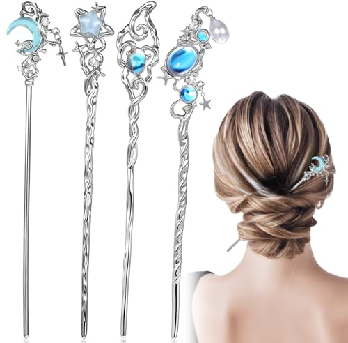 4 PCS Hair Sticks for Buns, Metal Chinese Hair Pin, Star Moon Hairs Chopsticks for Women Buns Hanfu Hairpin Styling Accessories
