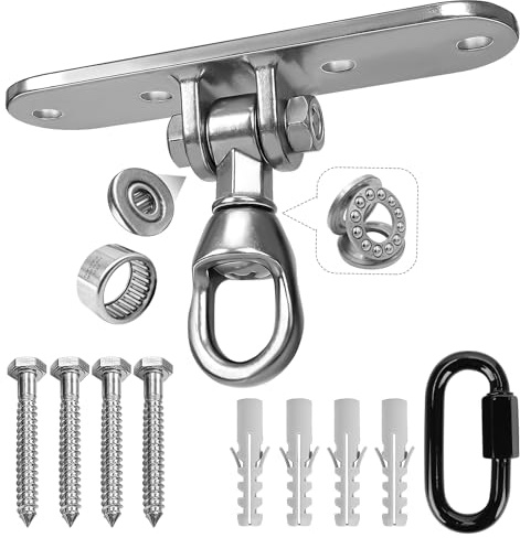 Edelstahl Schaukelhaken mit Lager, 360° + 180° Drehbar Deckenhaken Schwerlast Hängesessel bis 362KG mit Karabiner, Deckenhalterung für Holzbalken und Betondecken für Hängematte Boxsack Yoga,Schaukel