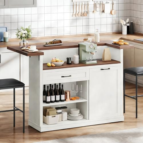 Homiflex Bar Cabinet, 55 Kitchen Island with Storage, Breakfast Bar Table with Drop Leaf, Bar Height Table with Power Outlet and Trash Can Cabinet, Mobile Island Table for Kitchen, Home, Rustic White