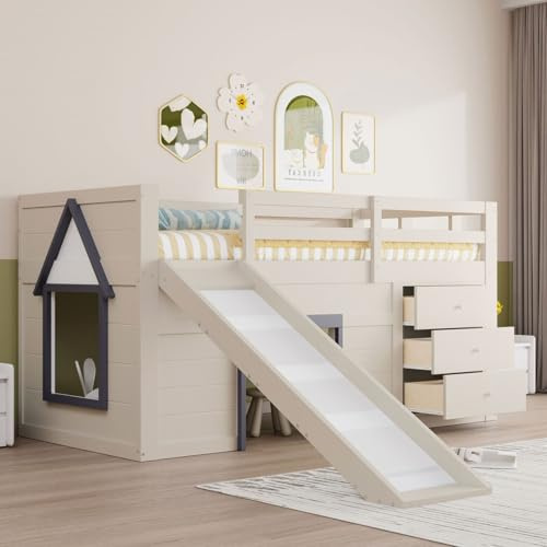 PUGSDRLY Lit Mezzanine Enfants 90x200cm, avec Toboggan, 3 tiroirs et barrières latérales, Espace de Rangement sous Le lit, Cadre de lit avec découpes fenêtres latérales décoratives