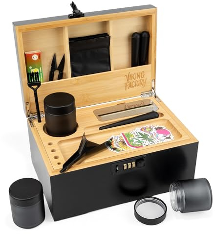 Viking Factory Large Lockable Bamboo Storage Box with Removable Tray and Combination Lock, 19-Piece Wooden Organizer Set with Jars, Accessories and Padded Interior for Personal Storage (Black)