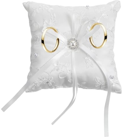 Qulkws Wedding Ring Pillow, Ring Bearer Pillow, Lace Pearl Ivory Satin Bowknot Rings Bearer Cushion for Wedding Party Decoration, Proposal Ceremony, 5.9 x 5.9 (White)