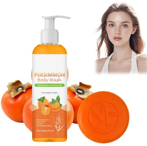 Natural Persimmon Soap Bar and Persimmon Body Wash Set,100g Bar Soap & 120ml Shower Gel for Men & Women,Moisturizing Body Cleanser,Softens Skin and Eliminates Strong Odors,Ideal for Old People