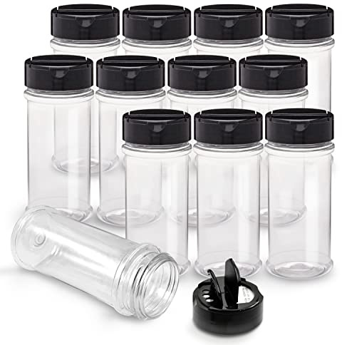 RoyalHouse 12 Pack 5.5 Oz Plastic Spice Jars with Black Cap, Clear and Safe Plastic Bottle Containers with Shaker Lids for Storing Spice, Herbs and Seasoning Powders, BPA Free, Made in USA