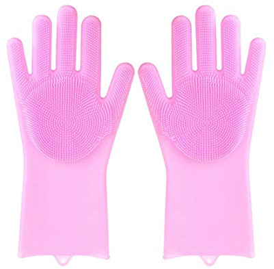 Silicone Scrubbing Gloves,1 Pair Reusable Silicone Brush Scrubber Gloves Heat Resistant for Dish Washing, Kitchen Bathroom Cleaning, Pet Hair Care, Car Washing(Pink)