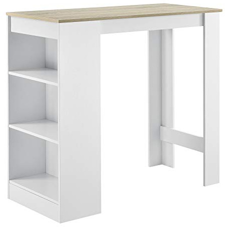 [en.casa] Tavolo Alto da Bar con 3 Scomparti Aperti Bancone da Lounge Caffè Bistrot con Ripiani Laterali Penisola Cucina Stretta 110x50x103 cm - Bianco/Effetto Rovere