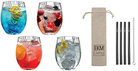 RIEDEL Mixing Tonic Vorteilsset 5515/90 Longdrink Gin Tonic + Gratis 4er Set EKM Living Edelstahl Trinkhalme Schwarz