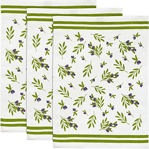 Erwin Müller Geschirrtuch, Küchentuch, Trockentuch im 3er-Pack mit Druckmotiv Oliven Größe 50x70 cm - strapazierfähig, saugstark, 100% Baumwolle
