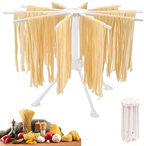 HOUPDA Pasta Drying Rack Collapsible, Noodle Stand with 10 Bar Handles Spaghetti Dryer Stand,Household Noodle Dryer Rack Hanging for Home Use (White)