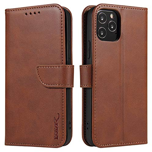 LOLFZ Wallet Case for iPhone 12 Mini, Vintage Leather Book Case with Card Holder Kickstand Magnetic Closure Flip Case Cover for iPhone 12 Mini 5.4 inch - Coffee Brown