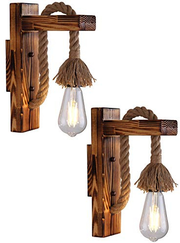 2 Pezzi Applique da Parete Interno Vintage Legno Corda, Aplique Industrial Design Retro, Lampada-rio da Parete Art Deco Tradizionale, Led a Muro Antico E27, Luce Parete Shabby Chic Rustico (Marrone)