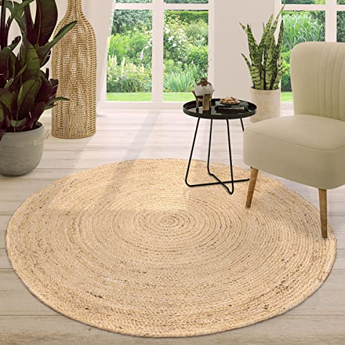 TT Home Jute Teppich Rund Wohnzimmer Esszimmer Boho Modern Handgemacht Mit Umrandung, Farbe: Elfenbein 2, Größe:80 cm Rund