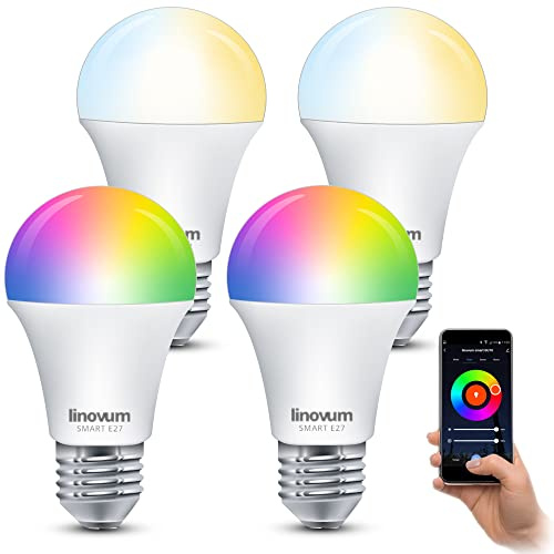 linovum Smart LED Lampe 4er Set E27 9W RGBW WLAN dimmbar Alexa Google App | Vier smarte E27 Lampen mit RGB & Weißtönen - per App & Alexa steuerbar, warmweiß bis kaltweiß, 16 Mio. Farben, 9W, ohne Hub