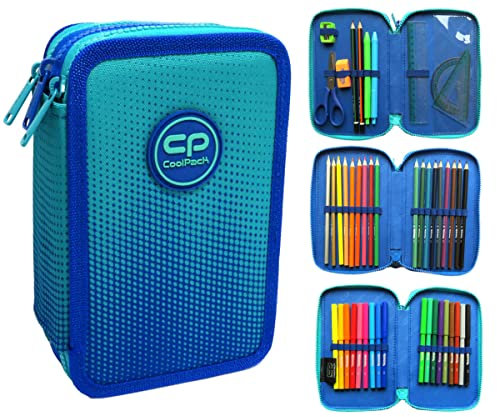 COOLPACK XXL Federtasche Federmappe 3-Fach Schulstiftetui, dreifaches Federmäppchen, Federmäppchen für EIN MÄDCHEN | Ombre Violet 44-teilig gefüllte Schüleretui 3-stöckig, E67509, Blau