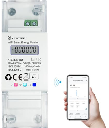 KETOTEK Smart Energy Meter Single Phase Digital Electric Meter DIN Rail Bidirectional Measuring, WiFi KWh Meter 5(65) A 90-250V, Energy Monitor Alexa Google Assistant Tuya App Compatible