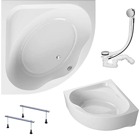 KOLMAN Badewanne STANDARD Eckbadewanne 150x150 mit AcrylSchürze, Ablaufgarnitur und Füßen Komplettset 4in1 Premium Original Acryl Wanne Siphon