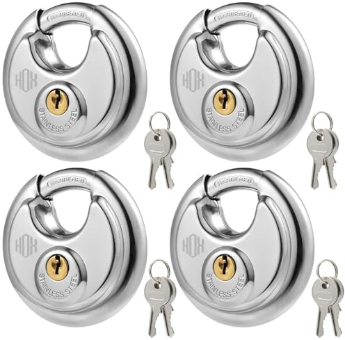 HOX Keyed Disc Padlock, Stainless Steel Keyed-Alike Padlocks, 4-Pack Heavy Duty Locks, Waterproof and Rustproof with 3/8 Inch Shackle, 2-3/4 Inch Wide Body, for Hasp Latch, Fences, Storage Locker