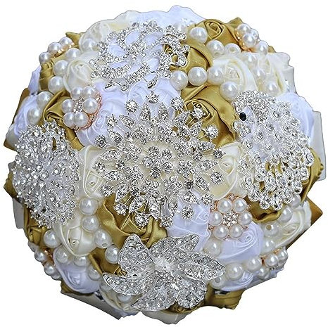 14 färger 1 stycke Elegant elfenbensblommabukett Fantastiska pärlor Kristallbukett med pärlor Bröllopsblommor Brudbuketter (Color : Ivory White Lt.Gold)