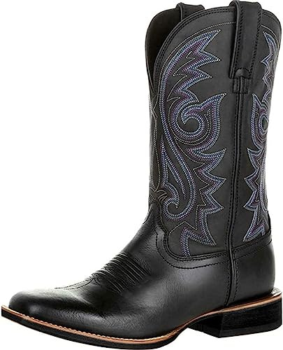 furlinkhm Western cowboy stövlar för män, western fyrkantig tå cowboy stövlar retro läder broderi vardaglig tjock klack bred vad dra på stövlar, Svart, 9