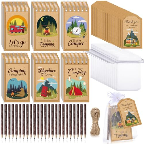 Cholemy 24 Set Camping Party Favors Camp Adventure Theme Decoration Notepads Bark Pencils with Labels Organza Bags for Forest Themed Birthday Baby Shower Party Gifts Writing Drawing Taking Note