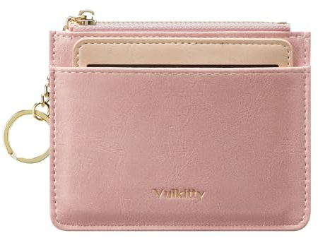 Vulkitty Schlanke Minimalistische Damen-Geldbörse aus Leder mit Kartenhalter und Abnehmbarem Ausweisfenster Damen Geldbörse mit Reißverschluss und Schlüsselanhänger Geldbörse mit Vordertasche