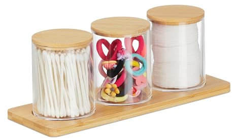 Relaxdays Wattestäbchenbehälter mit Tablett, 3 Becher m. Deckel, Kosmetik Organizer Kunststoff/Bambus, transparent/natur