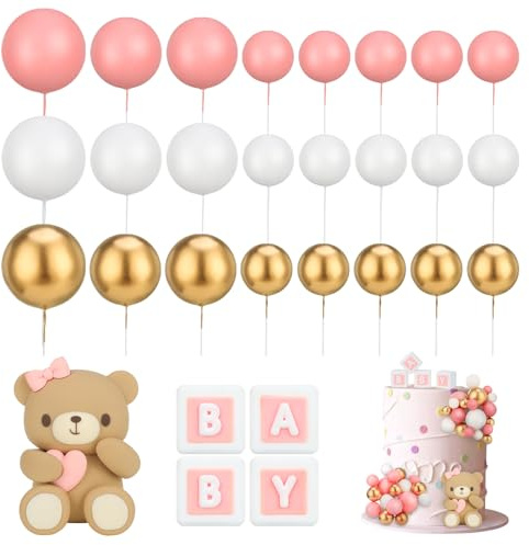 Vyuwast 26Pcs Mini Balls Topper With Cute Bear Cake Decoration (pink)