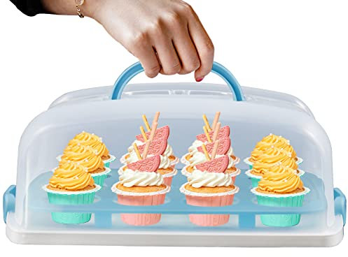 EWAFILU Cake Carrier with Lid, Blue Cake Holder Cupcake Container for 12 Cupcakes or 1 Large Cake Pie Pizza Tart 2 in 1 Portable Dessert Container for Cake Pie Muffin