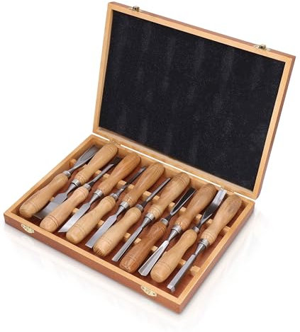Set di Strumenti per Intaglio del Legno, 12 Pezzi Affilacoltelli Intaglio con Lama CRV Manico in Legno, Set di Scalpelli per Incisione con Manico in Legno con Scatola di