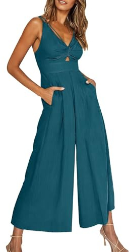 RMBLYfeiye Jumpsuit Damen Elegant V-Ausschnitt Einfarbiges Festlich Hochzeit Hosenanzug Hohe Taille Aushöhlen Overall Sommer Playsuit Weites Bein Abend Mit Taschen Business